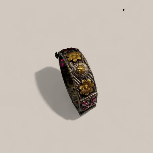 Antique Floral Bangle | Oxidized Silver Gold Bracelet | Vintage Handmade Boho Jewelry with Red Gemstones