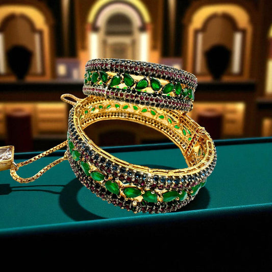 Emerald Green Kada Set Openable Fits - Luxurious Gold Bangle with Vibrant Gemstones