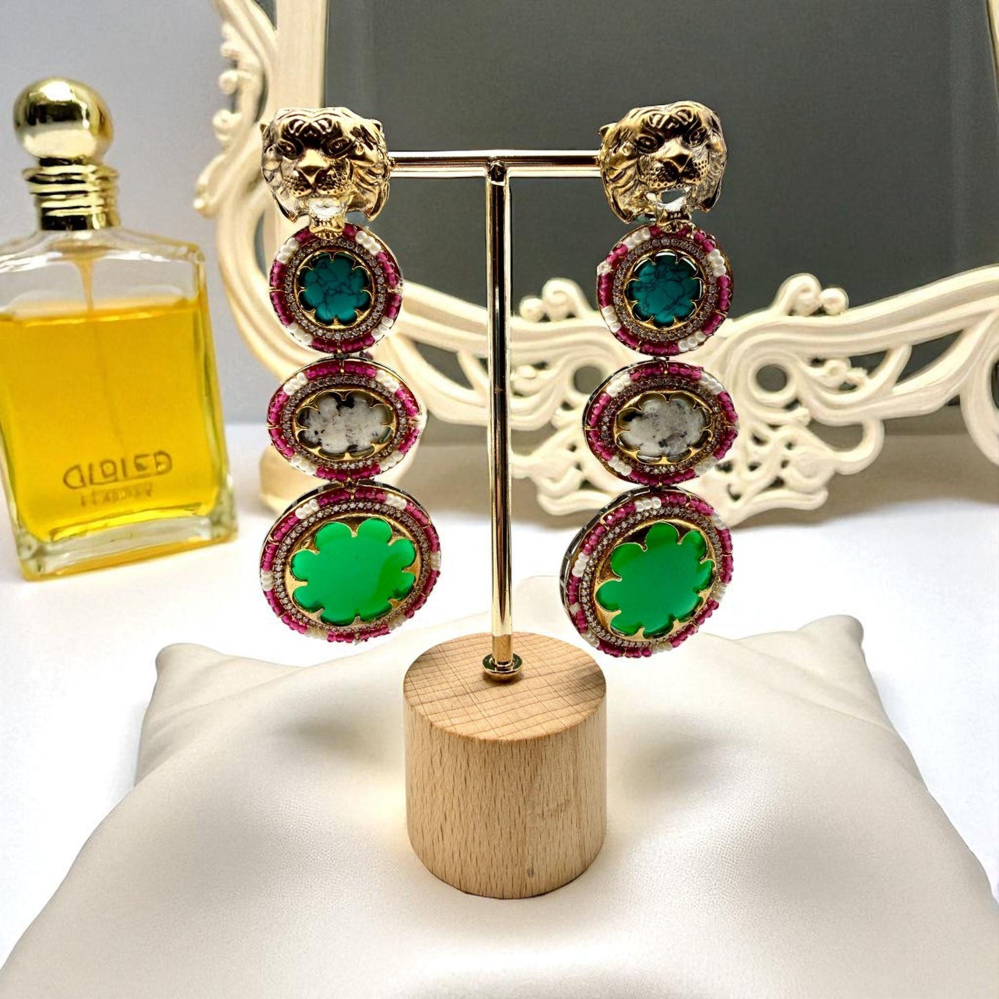 Sabyasachi inspired emerald color Stone Earrings | Gold-Tone Statement Jewelry