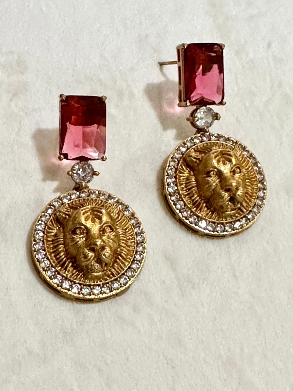 Luxury Earrings with Pink Stones | Gold Tone Studs | Diamond Accents