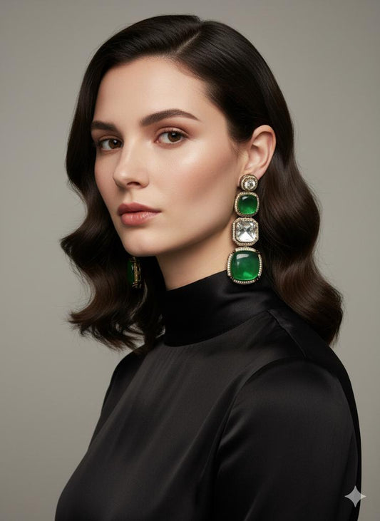 Green emerald kundan Stone Drop Earrings | Silver Dangle Earrings | Luxury Handmade Jewelry for Women