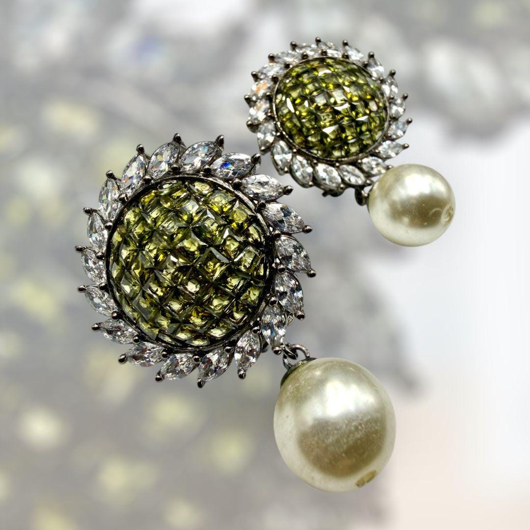 Henna Green CZ Pearl Drop Earrings | Statement Jewelry | Earrings