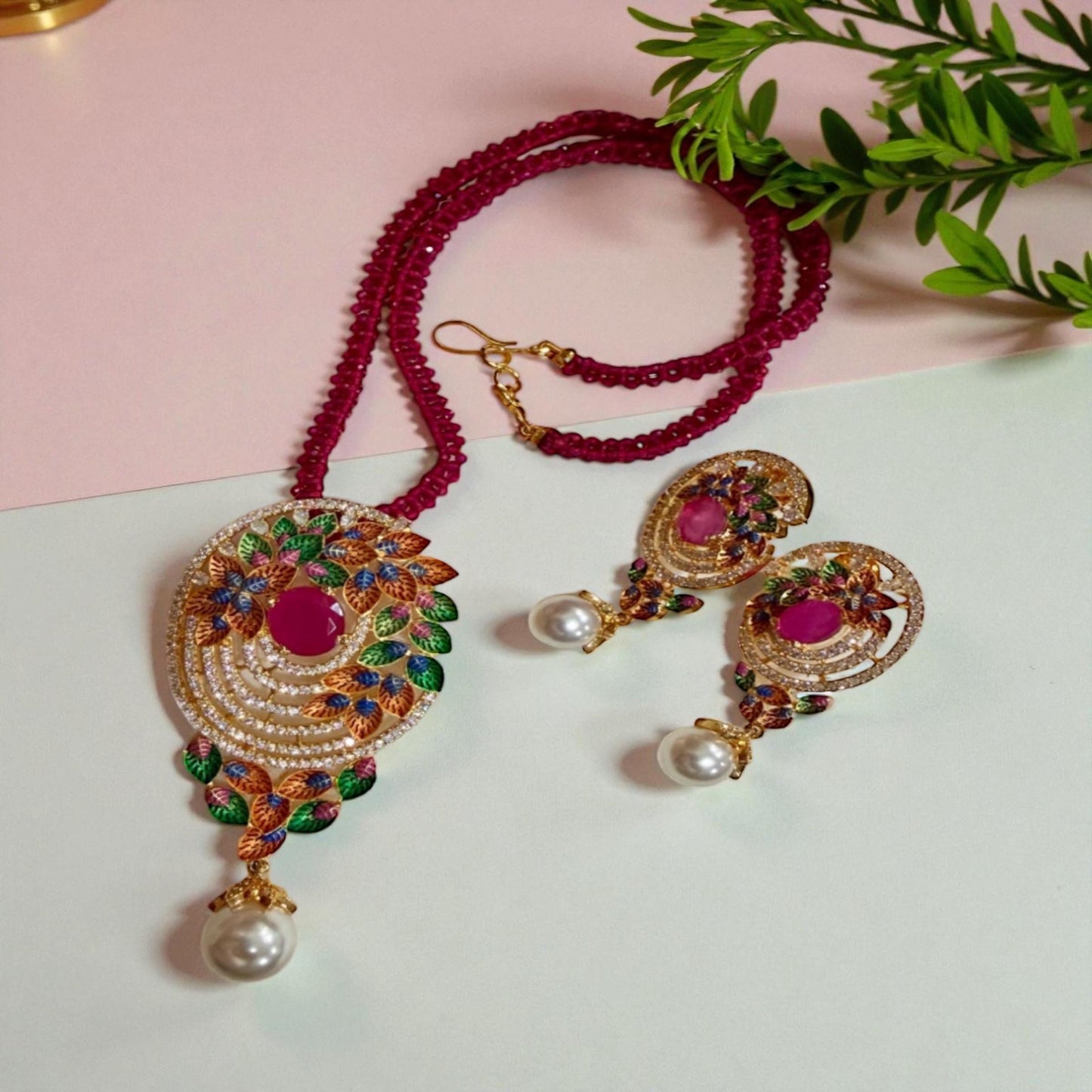 Peacock Style Ruby Pearl Necklace Set | Indian Bridal Jewelry | Kundan Enamel Pendant with Earrings | Festive Wedding Jewelry Gift for Her