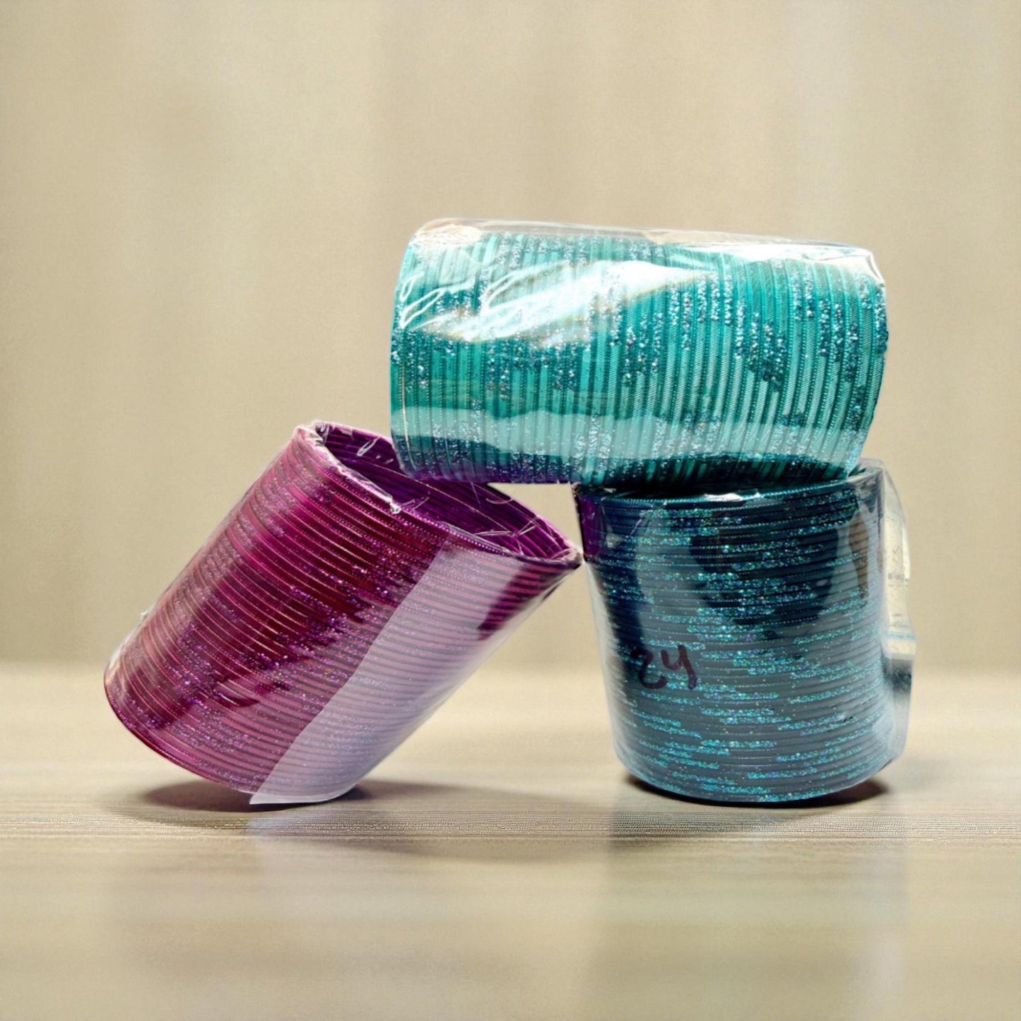 Glittery Churiyan metal Bangle Set - Pink, Teal & Blue - Indian Fashion Jewellery