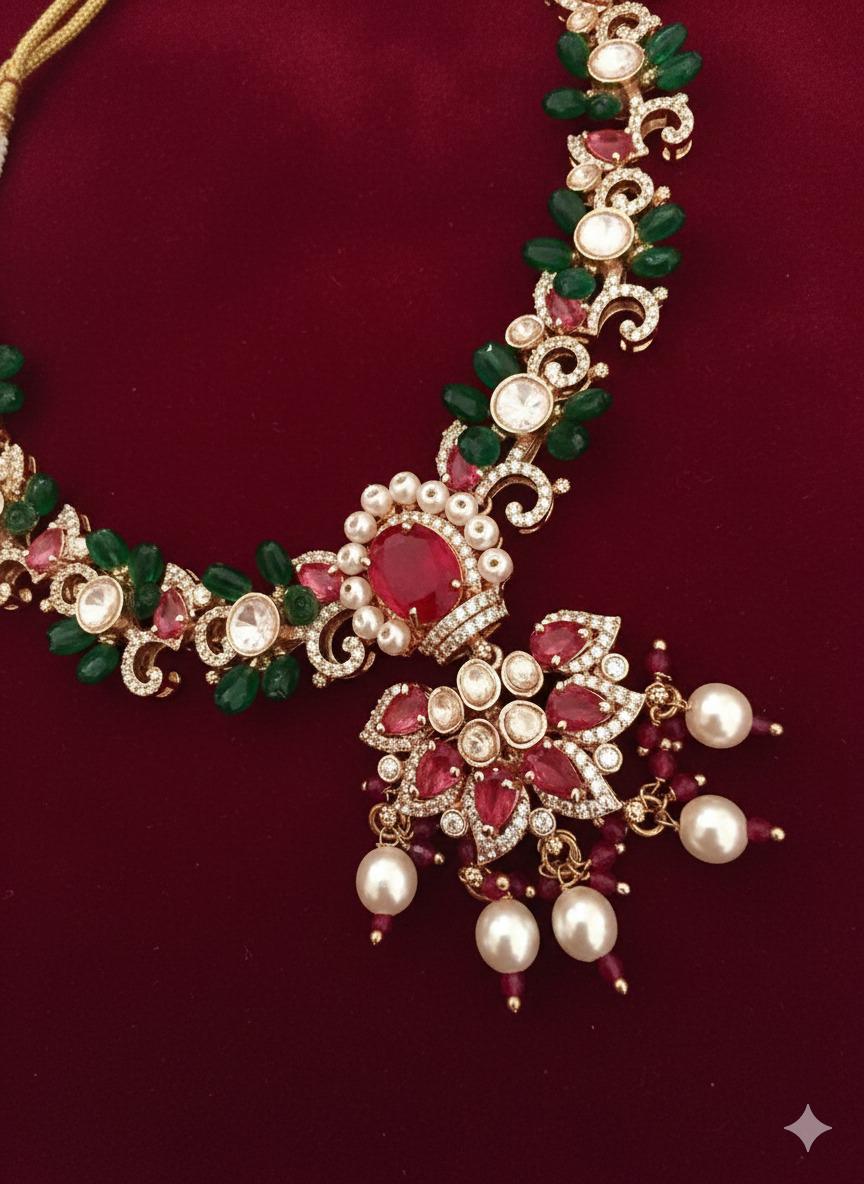 Regal Ruby & Emerald Bridal Choker | Kundan Pearl Necklace Set | Indian Wedding Jewelry | Pakistani Bridal Jewellery
