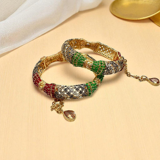 Jada Nauratan Kada Set Openable - Exquisite Gold Bangles with Red, Green, and White Gemstones