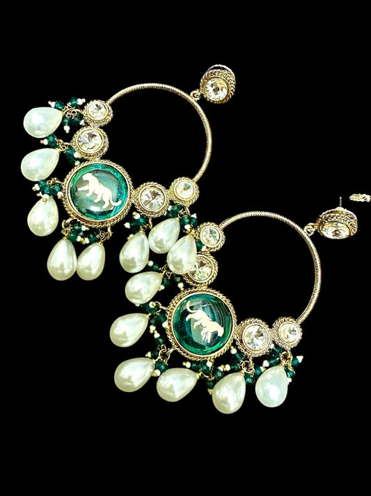 Emerald Green Dangle Earrings, Antique Gold Indian Jewelry