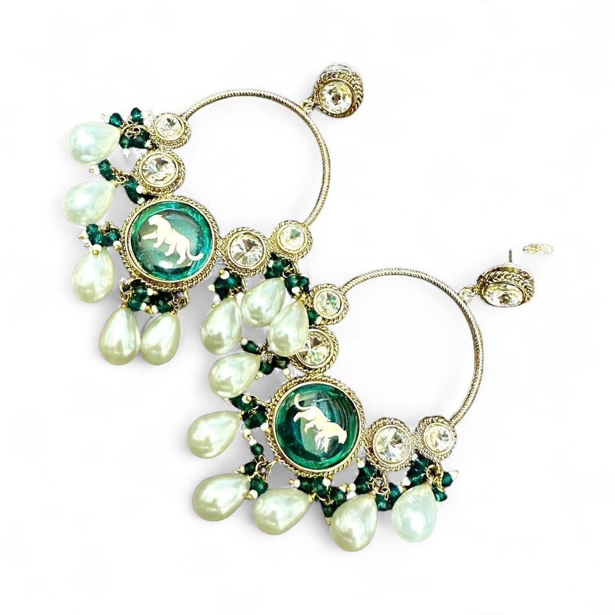 Emerald Green Dangle Earrings, Antique Gold Indian Jewelry