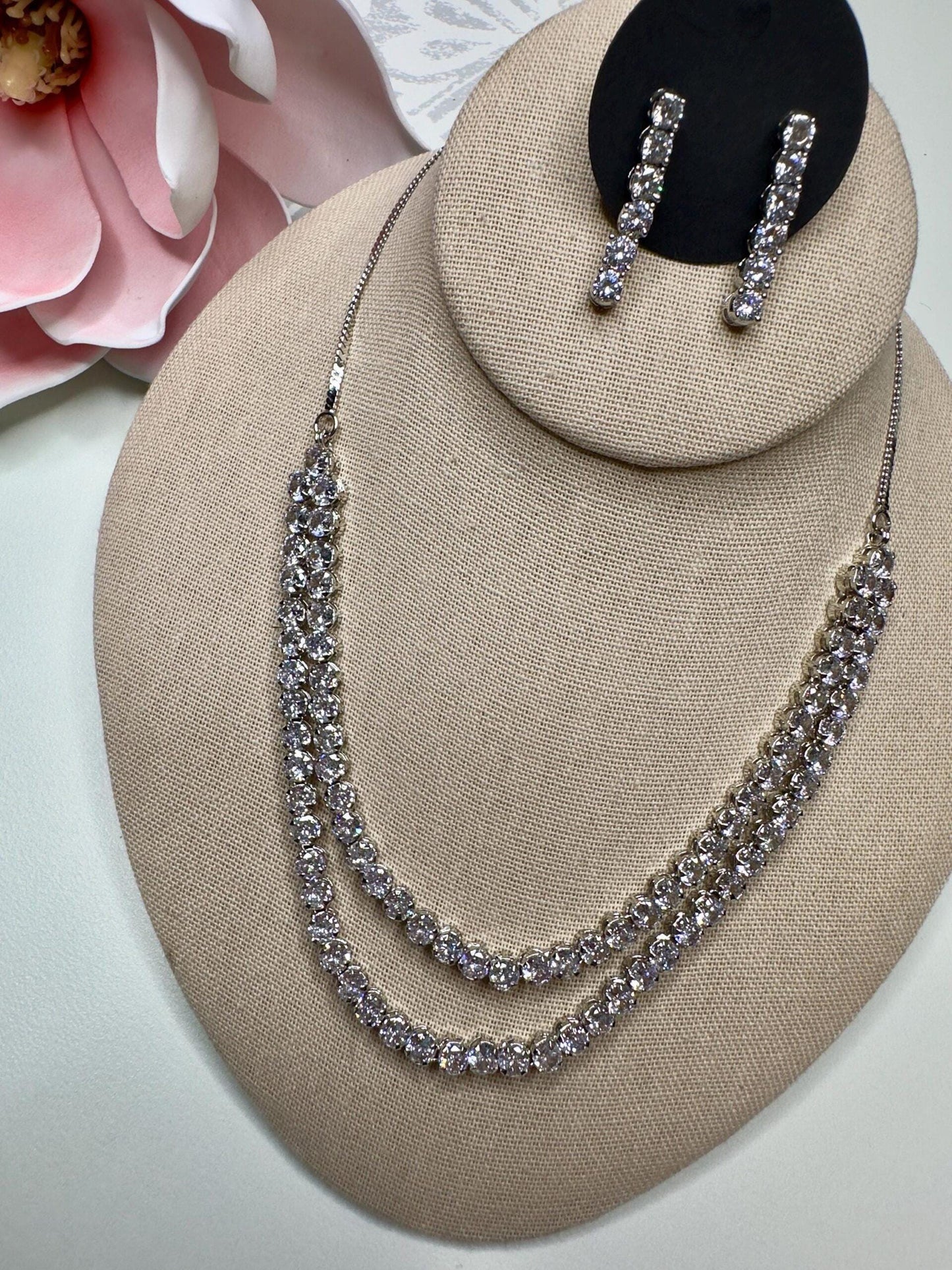 Double layer solitaire cubic zarconia ad silver plated finish necklace set