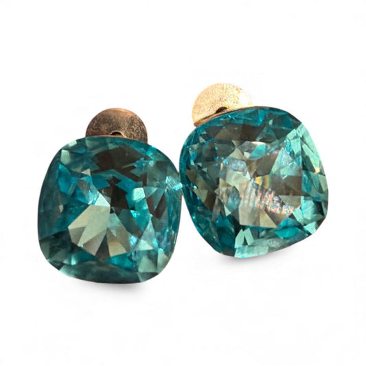 Aqua Cushion-Cut Crystal Stud Earrings | Silver Tone, Handmade