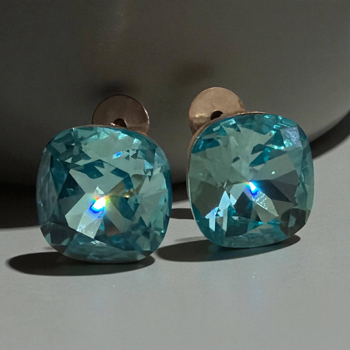 Aqua Cushion-Cut Crystal Stud Earrings | Silver Tone, Handmade