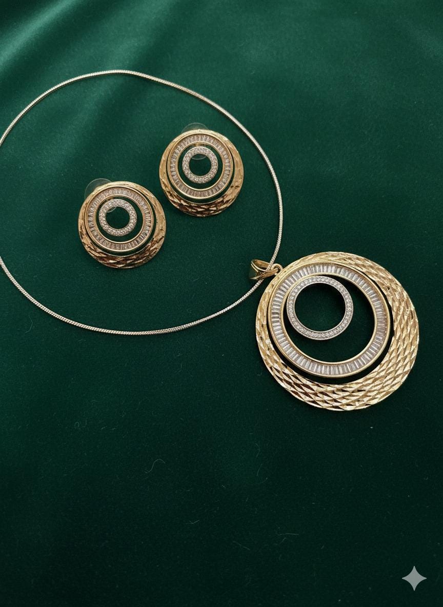 Gold Round Pendant Necklace Set | Bridal CZ Jewelry Set | Circle Necklace & Stud Earrings | Women’s Gold Plated Gift Set