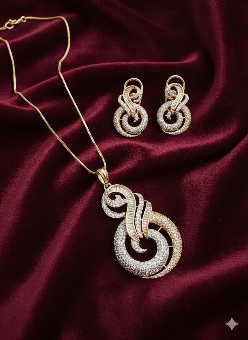 Infinity Swirl Gold Necklace Set | CZ Bridal Jewelry Set | Elegant Pendant & Earrings | Gift for Her | Party Wear Statement Jewelry