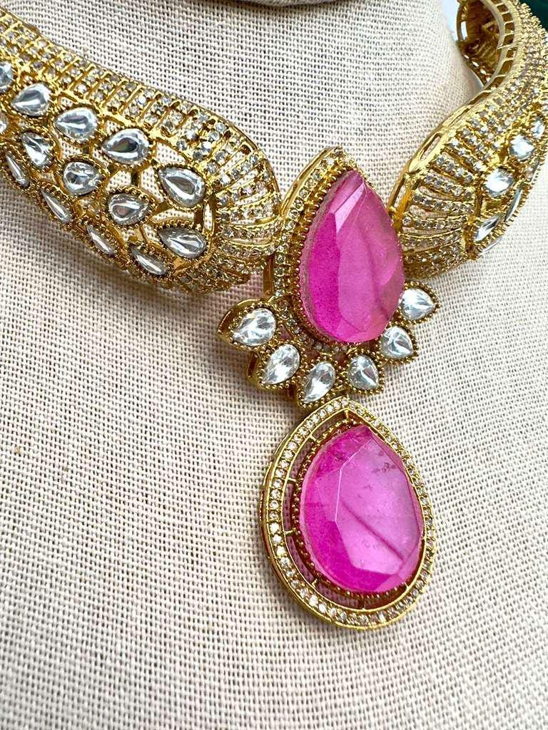 Hot Pink Choker Necklace with Micro Gold Plated - Traditional Indian Jewelry