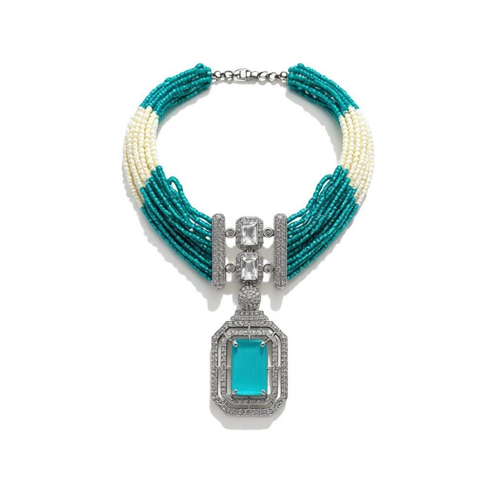 Royal Aqua Crystal Choker Set • Multi-Layer Beaded Necklace & Earrings • Elegant Statement Jewelry Gift
