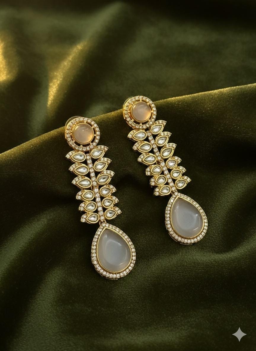 Elegant Kundan Drop Earrings • Gold CZ Stone Bridal Wedding Jewelry