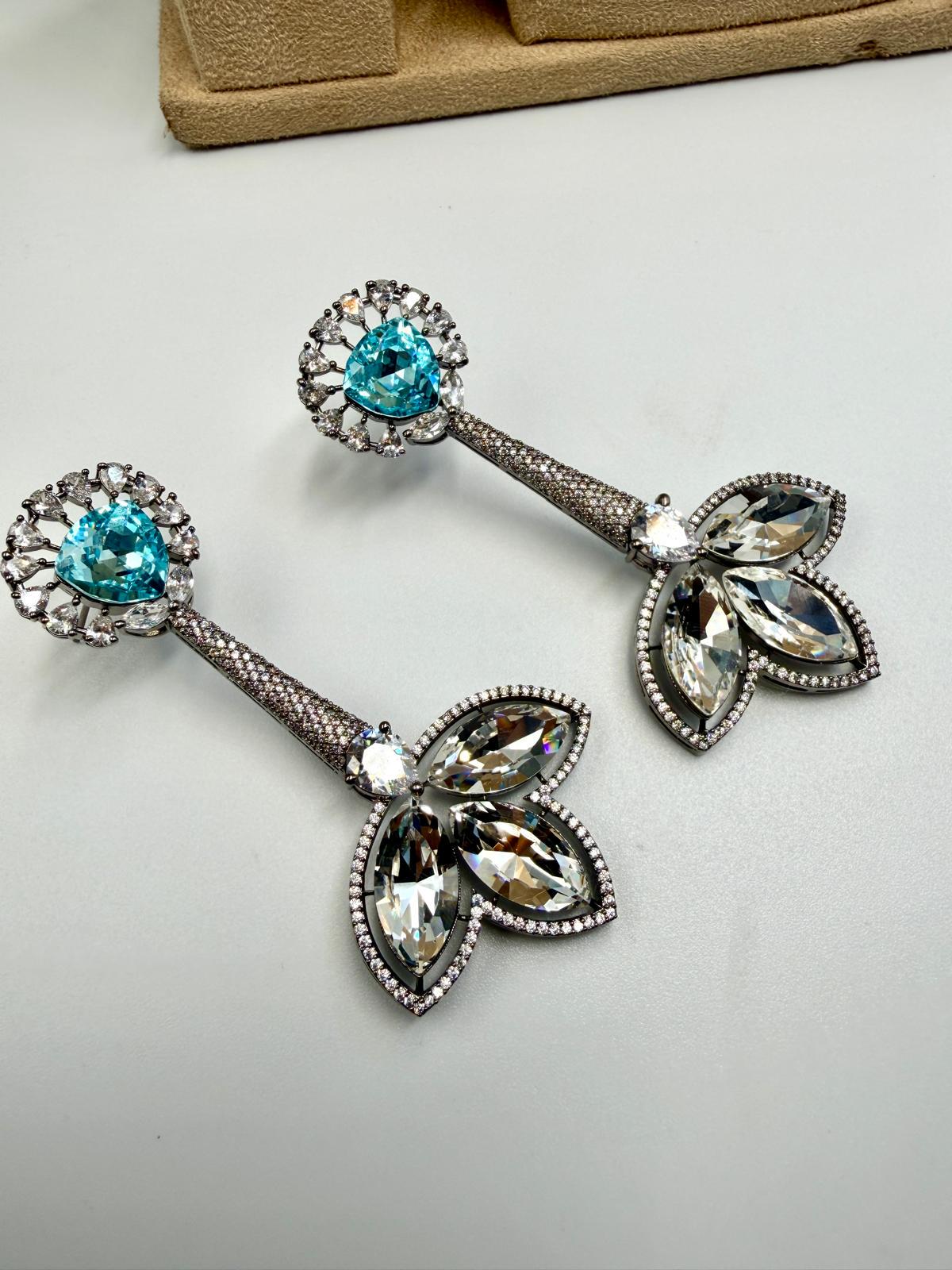 Aqua Blue Cz Stone Drop Earrings • Floral Statement Earrings with Clear Marquise Stones • Luxury Evening & Bridal Jewelry