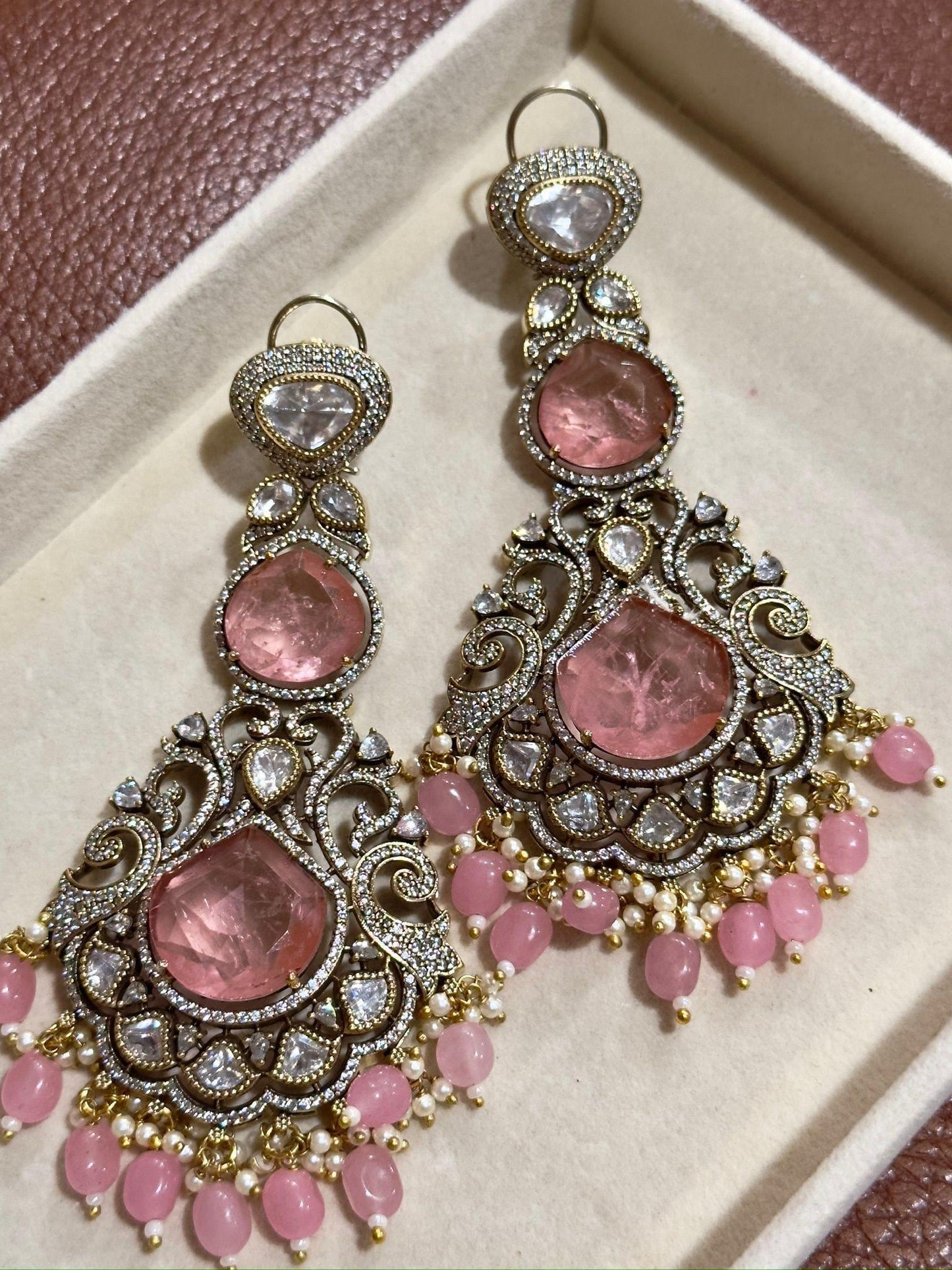 Elegant Pink Kundan Bollywood Style Chandelier Earrings - Traditional Indian Jewelry for Women
