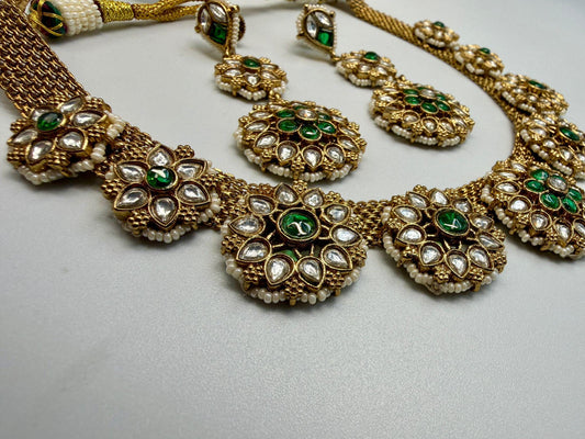 Gold Tone Floral Necklace Set with Earrings • Green Accent Bridal Jewelry • Wedding & Festive Statement Set