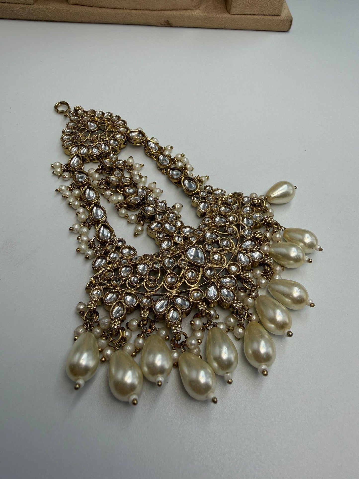 Gold Tone Kundan Style Statement Earrings with Pearl Drops | Bridal Indian Wedding Earrings | Traditional Festive Jewelry