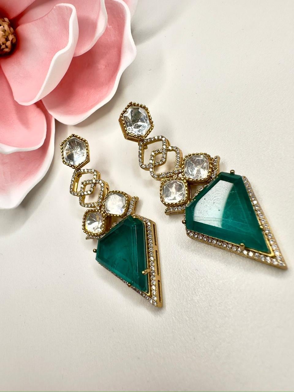 Emerald Green Dangle Earrings, Geometric Statement Earrings, Gold Plated, Cubic Zirconia
