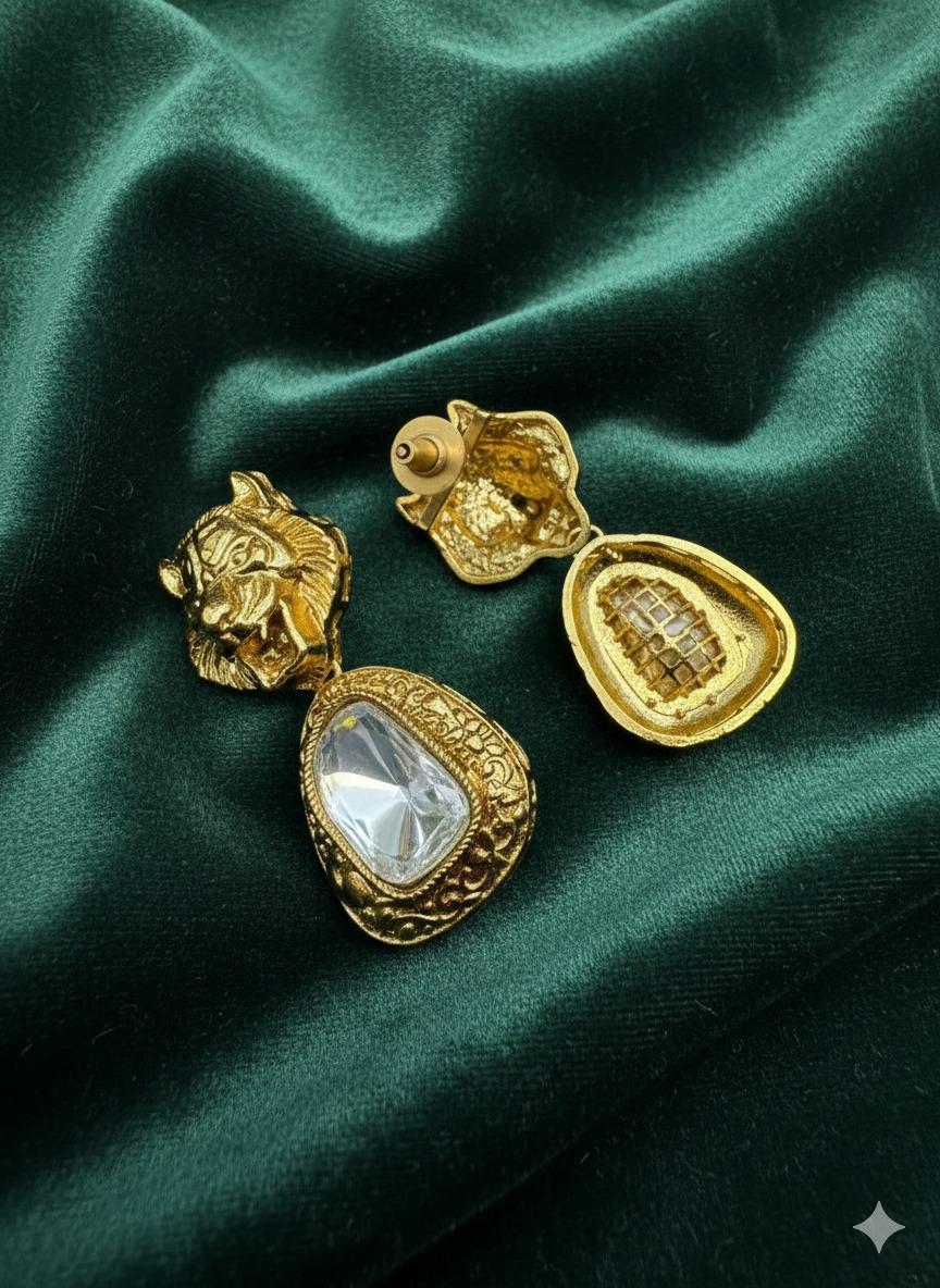 Vintage Gold Tiger Head Earrings • Crystal Drop Statement Jewelry