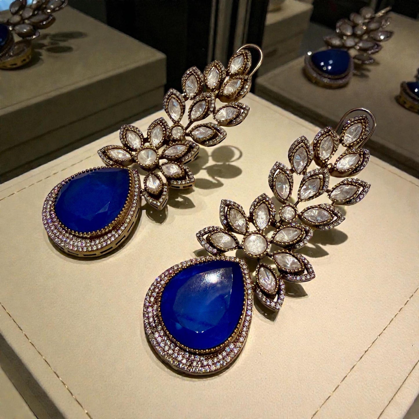 Royal Blue Teardrop Earrings | Gold Floral Statement Jewelry