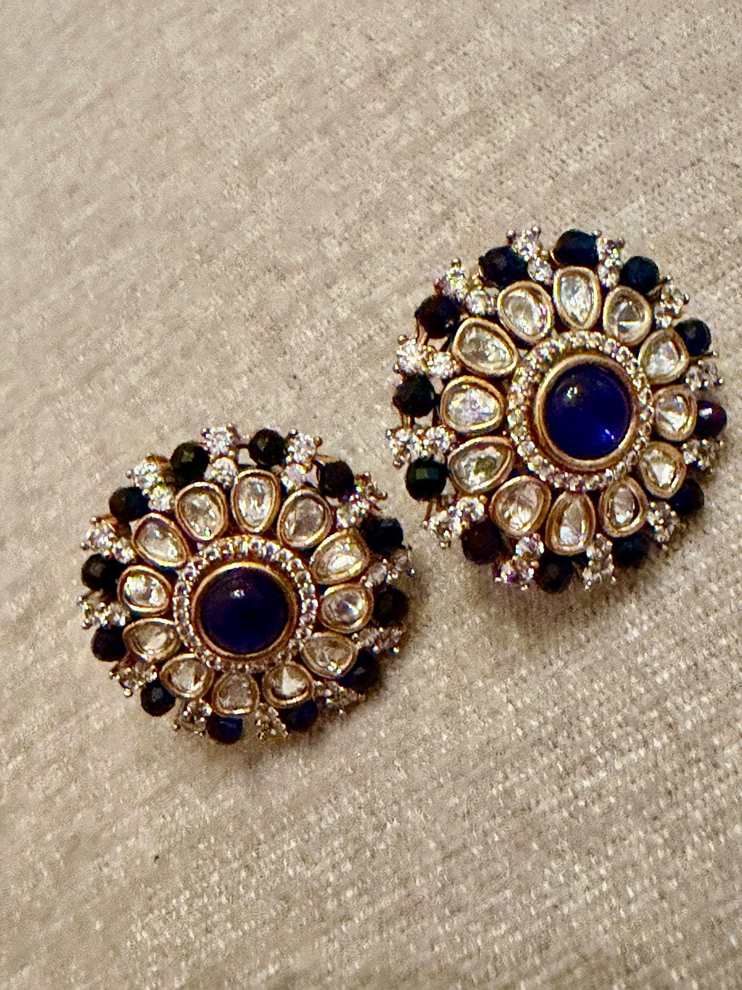 Royal Blue Round Stud Earrings | Gold Floral Studs | Bridal Statement Earrings monzonite