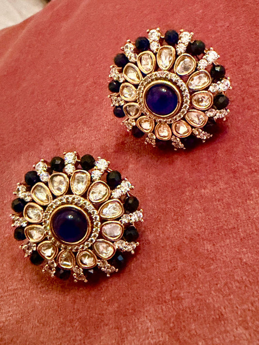 Royal Blue Round Stud Earrings | Gold Floral Studs | Bridal Statement Earrings monzonite