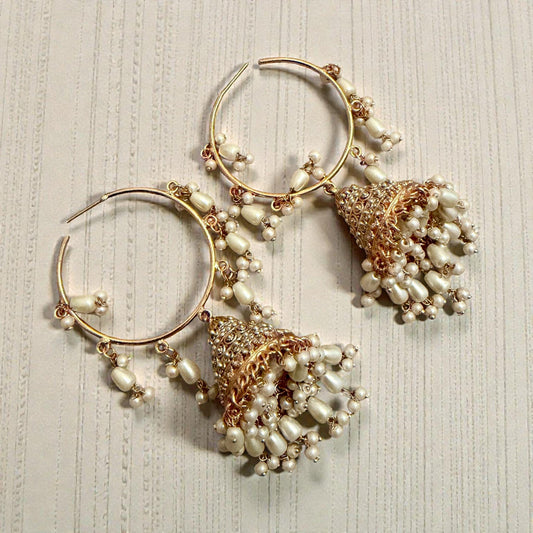 Gold Hoop Jhumka Earrings with Pearl Drops | Traditional Indian Statement Earrings