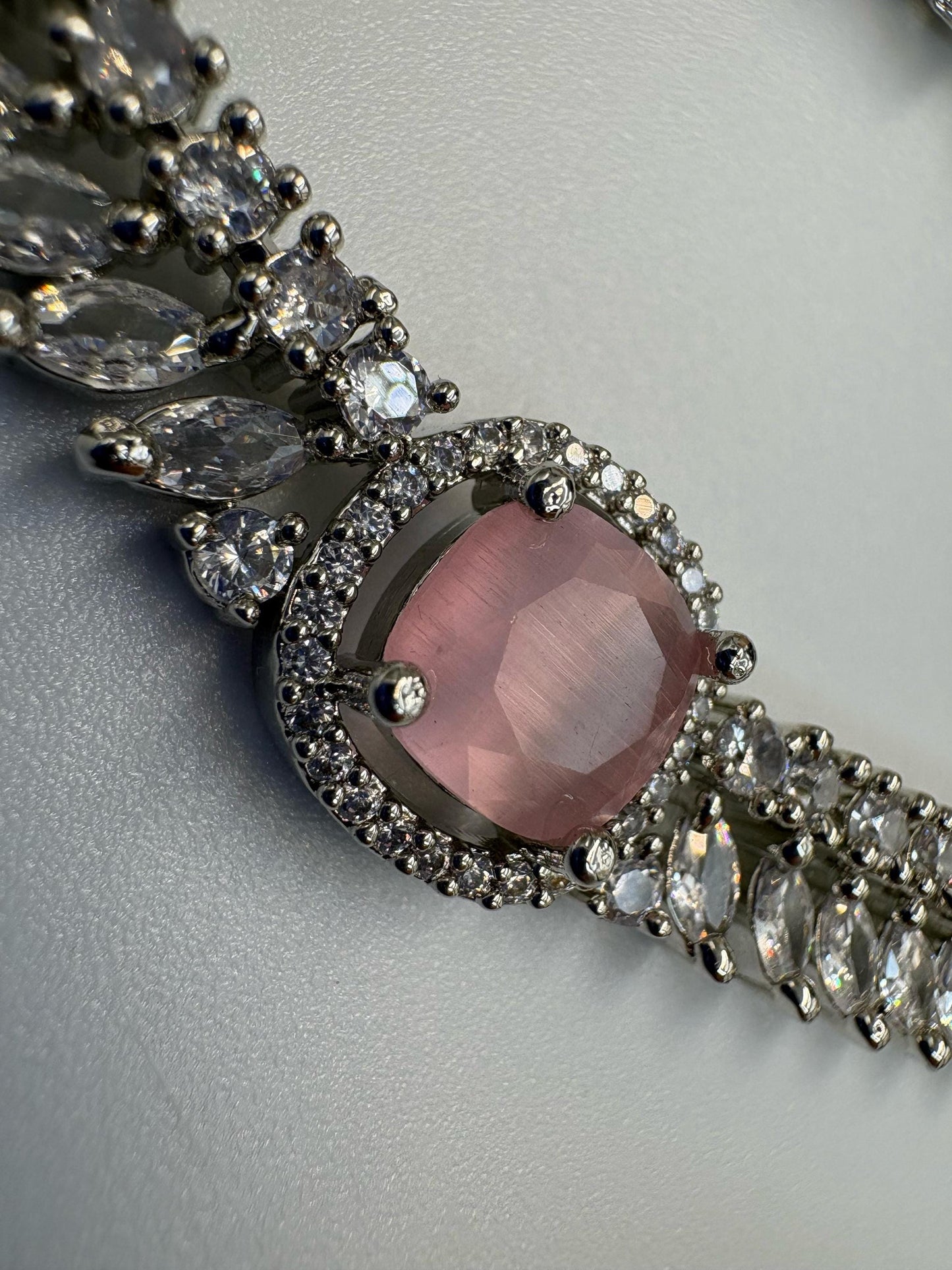 Silver tone delicate Necklace Set with Pink Center Accent • Elegant Necklace & Stud Earrings • Bridal Party Jewelry
