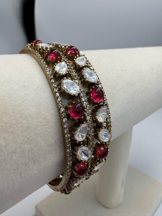 Gold Statement Bangle Set with Red & Clear Crystal Accents • Traditional Wedding Bangles • Festive Indian Jewelry
