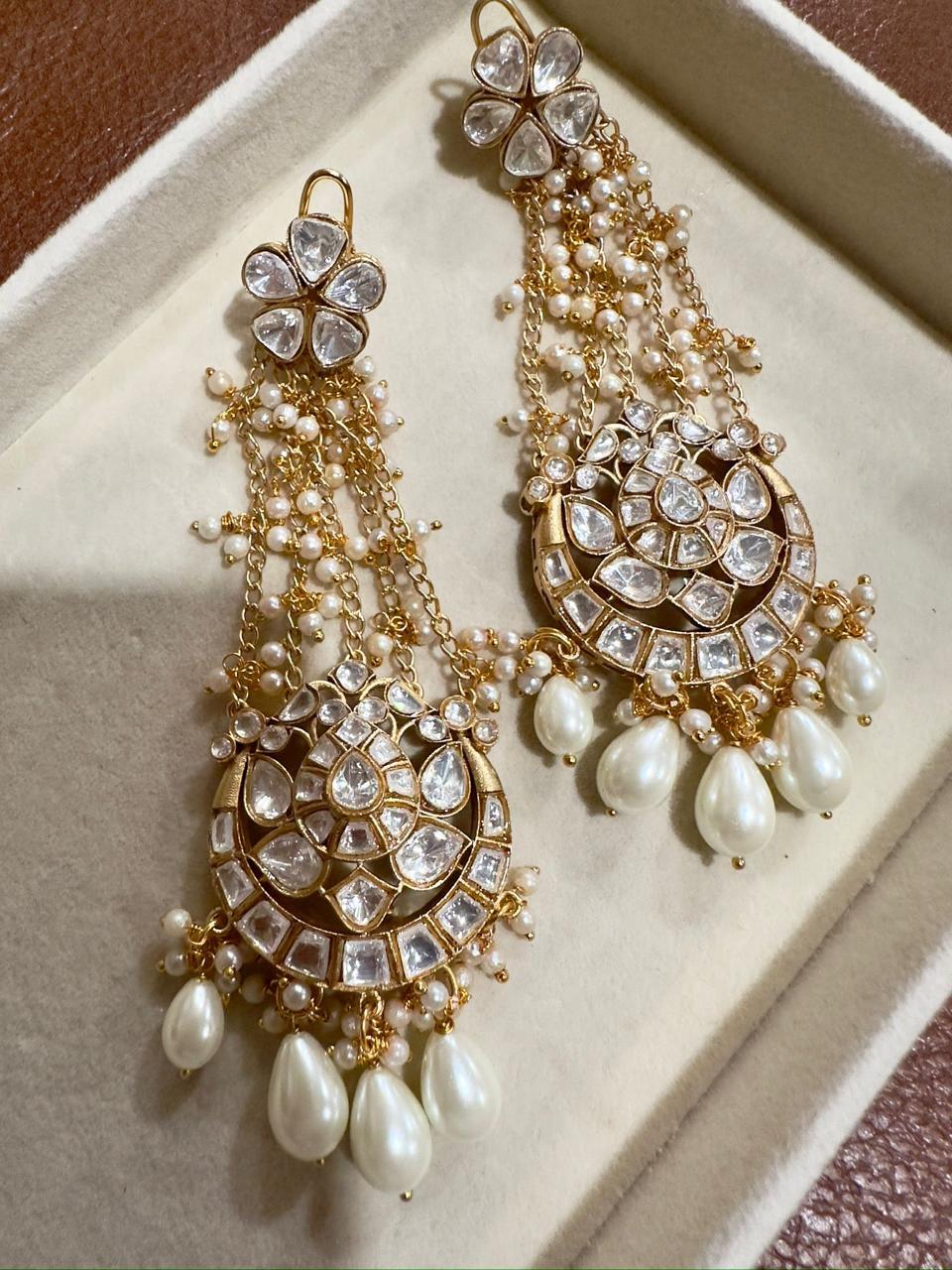 Exquisite Kundan Chandbali Earrings with Pearl Drops - Traditional Indian Jewelry