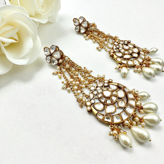 Exquisite Kundan Chandbali Earrings with Pearl Drops - Traditional Indian Jewelry
