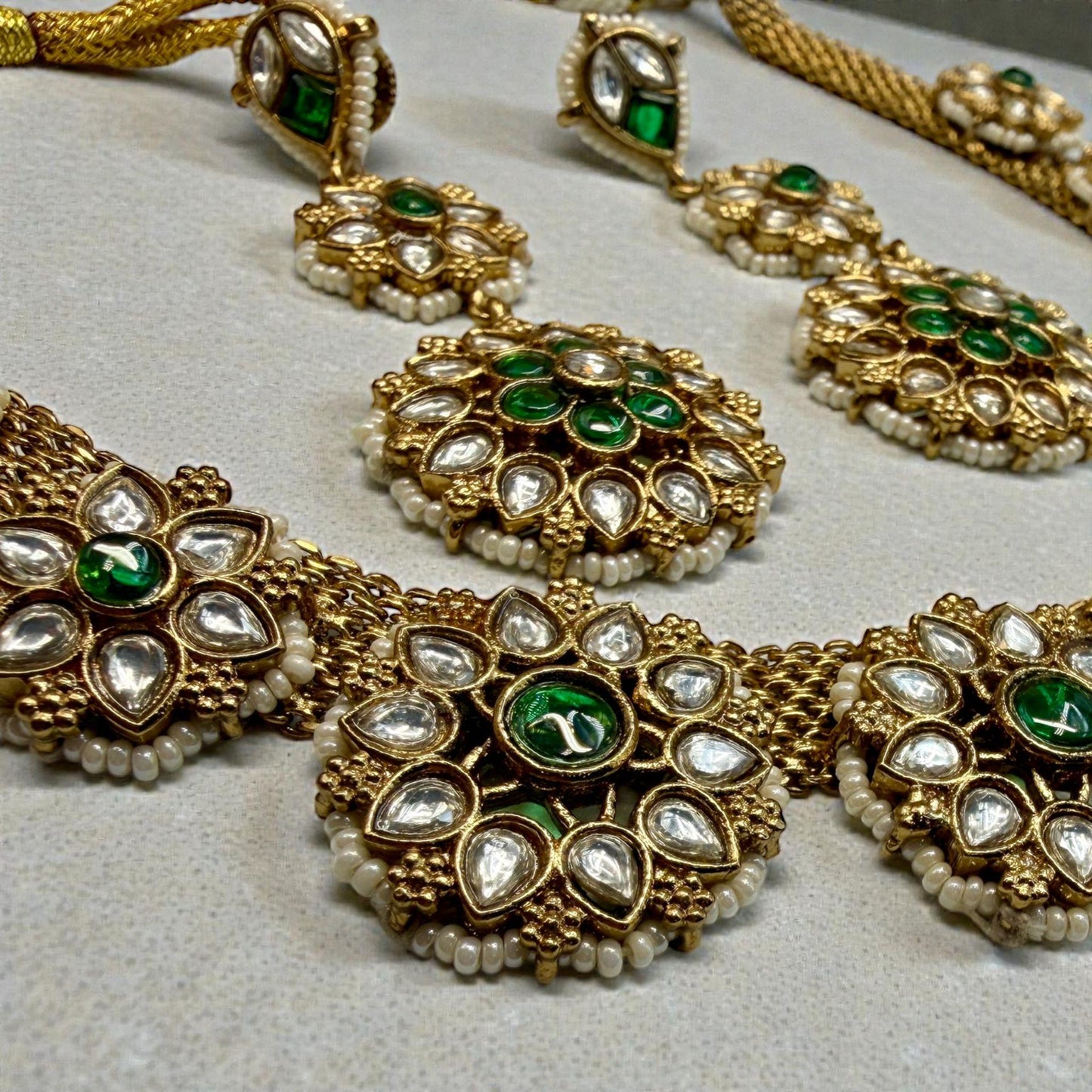 Gold Tone Floral Necklace Set with Earrings • Green Accent Bridal Jewelry • Wedding & Festive Statement Set