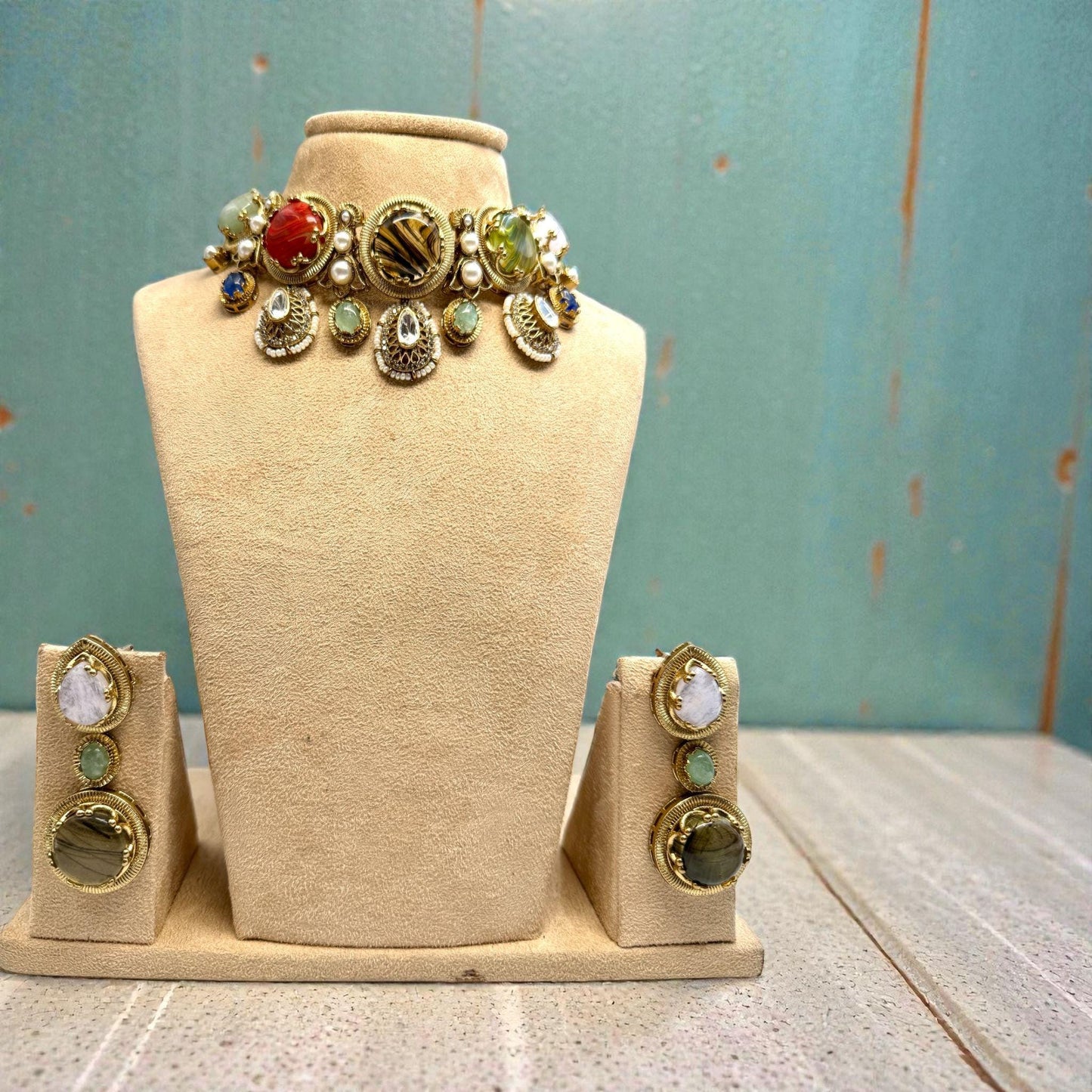 Gold Tone Multicolor Choker Necklace Set with Earrings | Bridal Statement Jewelry for Wedding & Festive Wear