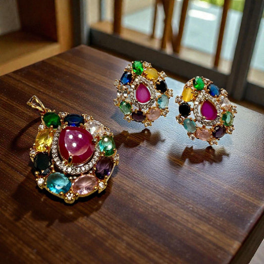 Gold Tone Teardrop Pendant & Stud Earrings Set | Multi-Color Stones