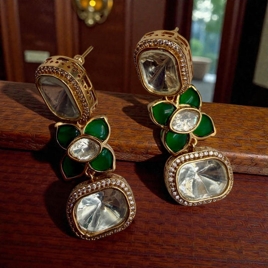 Green Floral Drop Earrings | Gold Tone Statement Earrings | Elegant Party & Wedding Jewelry