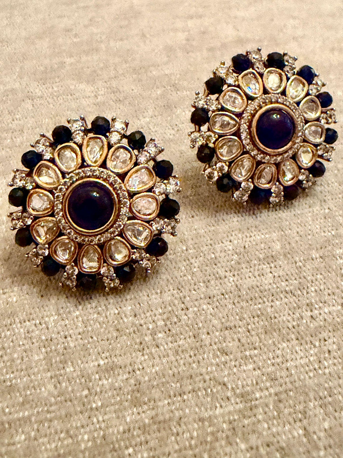 Royal Blue Round Stud Earrings | Gold Floral Studs | Bridal Statement Earrings monzonite