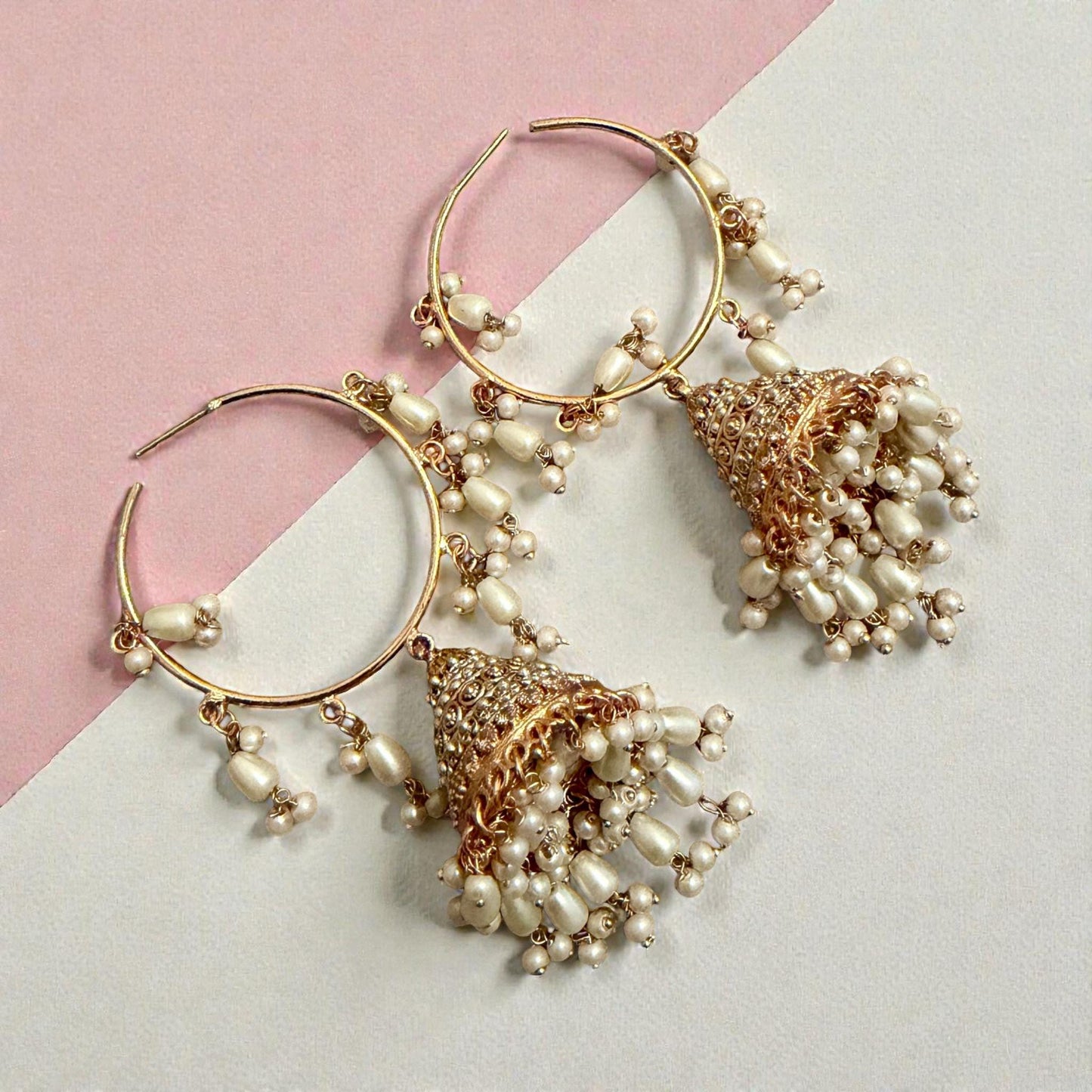 Gold Hoop Jhumka Earrings with Pearl Drops | Traditional Indian Statement Earrings