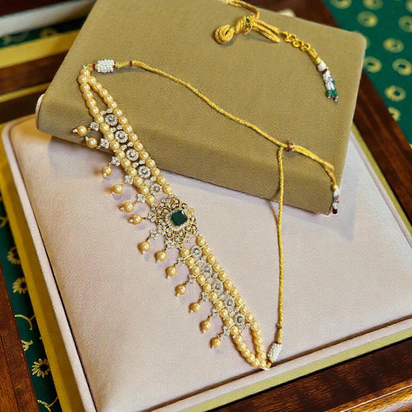 New bold statement choker/necklace emerald green with pearls and ad stones -gold plated .