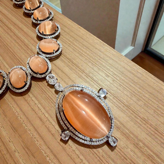 Bollywood Indian AD Jewelry Set, Peach Grey Stone, Rhodium Finish