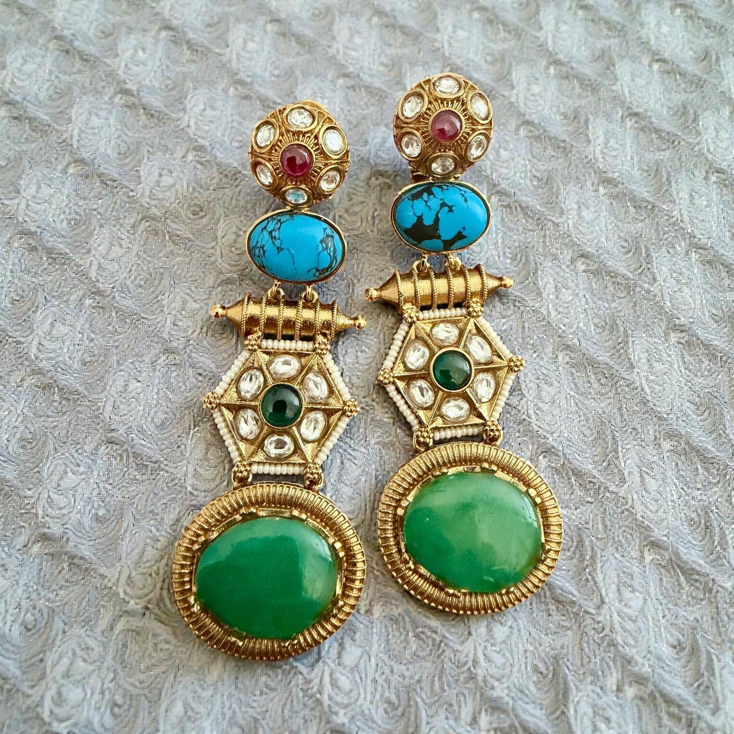 Statement Drop Earrings | Gold Tone Indian Earrings | Green Stone Ethnic Jewelry | 2 Color Options