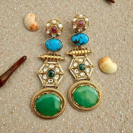 Statement Drop Earrings | Gold Tone Indian Earrings | Green Stone Ethnic Jewelry | 2 Color Options