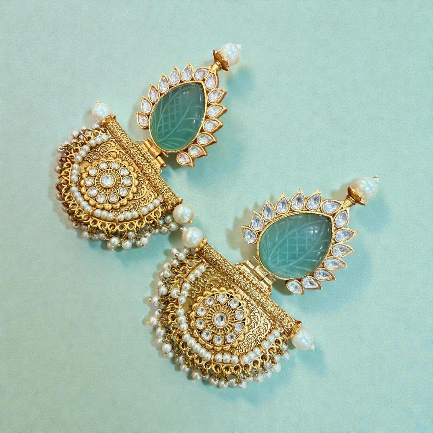 Green Stone Chandelier Earrings | Gold Mughal Indian Bridal Jewelry