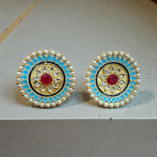 Turquoise Pearl Kundan Stud Earrings | Indian Bridal Jewelry