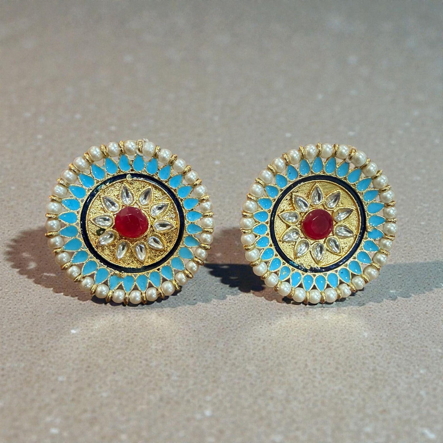Turquoise Pearl Kundan Stud Earrings | Indian Bridal Jewelry
