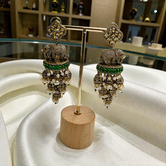 Elephant Jhumka Earrings | Traditional Indian Statement Earrings | Pearl Drop Gold Tone Jewelry