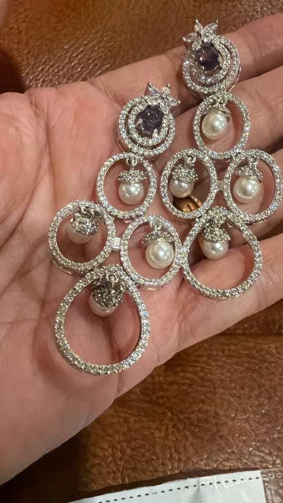CZ Pearl Chandelier Earrings | Silver Bridal Statement Drop Jewelry