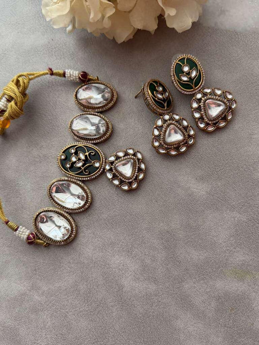 Green & Ivory Kundan Necklace Set | Gold Traditional Bridal Necklace with Earrings | Indian Wedding Jewelry